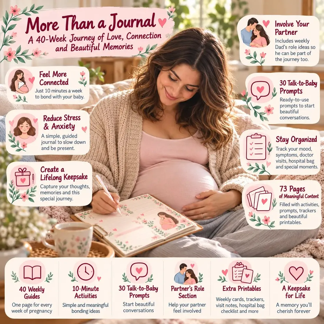 Expecting mom writing in her Mama & Me journal on the sofa