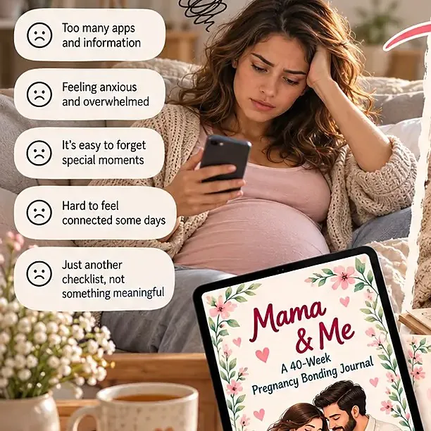 Tired expecting mom scrolling her phone, overwhelmed by apps