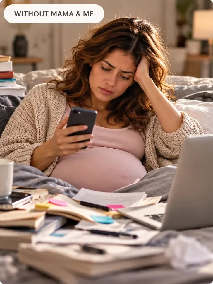 Without Mama & Me: an overwhelmed expecting mom scrolling her phone among messy papers